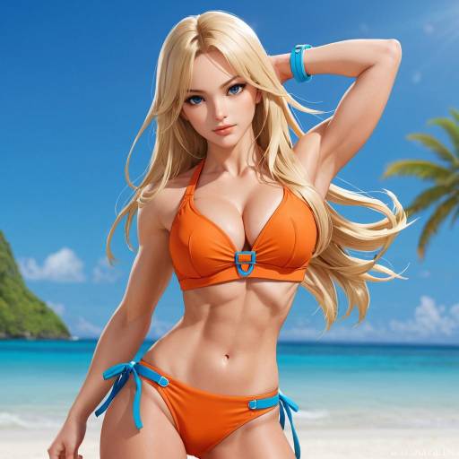 Blonde woman in orange bikini on beach