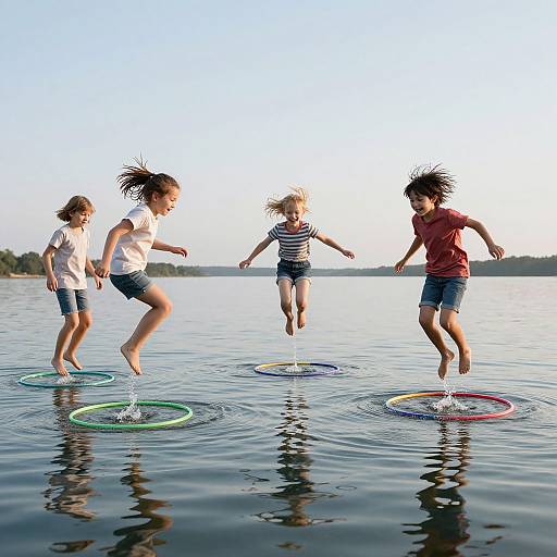 Photograph of four children jumping on colorful hula hoops in calm lake water, bright daylight, clear blue sky, distant shoreline.