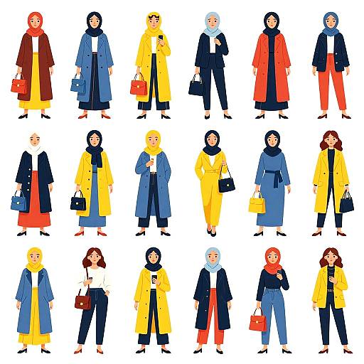 Colorful Cartoon Women Grid Illustration