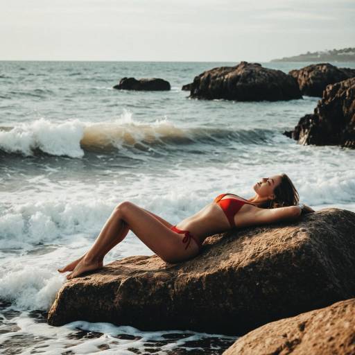 Woman Relaxing on Rock at the Beach