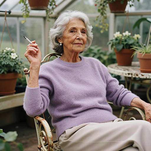 Photograph of an elderly woman with white hair, wearing a lavender sweater and beige skirt, sitting in a greenhouse, smoking a cigarette, surrounded by p