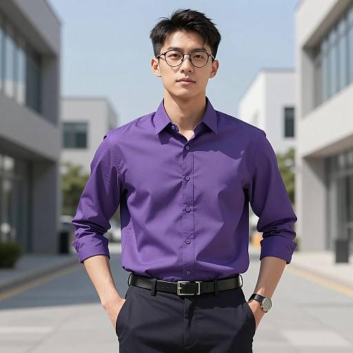 Young Asian Man in Purple Shirt Outdoors