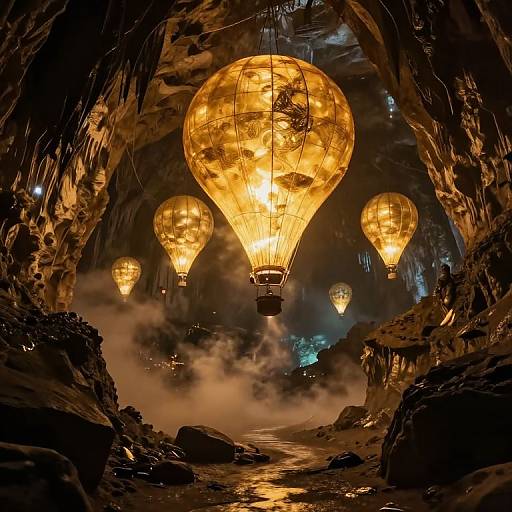 Photograph of glowing, amber-hued hot air balloons hanging in a dark, cavernous cave with rocky walls and misty ground.