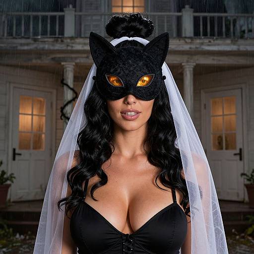 Photograph of a woman with long black hair, wearing a black cat mask with glowing orange eyes, a white veil, black strapless dress, and