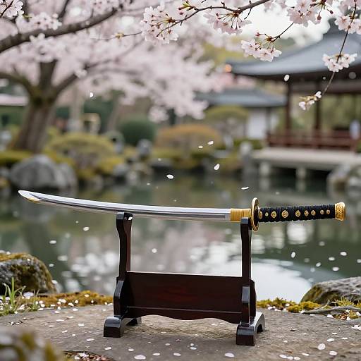 Photograph of a katana with golden hilt, displayed on a black stand, under cherry blossom branches, with a serene pond and traditional Japanese building