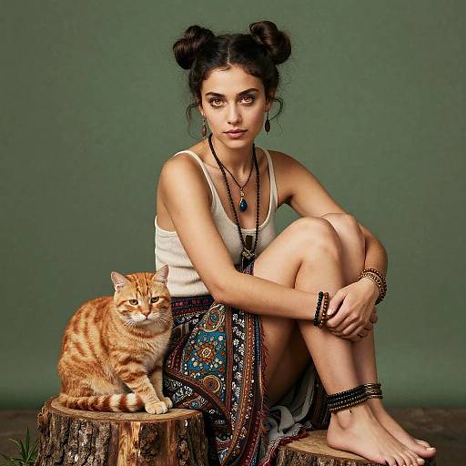 Photograph of a young woman with dark hair in double buns, wearing a white tank top and patterned skirt, sitting on a tree stump with