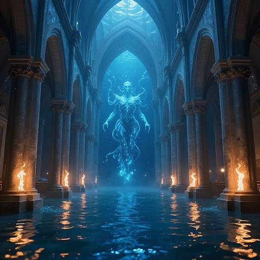 Photorealistic digital art: glowing blue skeletal figure emerges from misty, candlelit Gothic cathedral with reflective water on stone floor.
