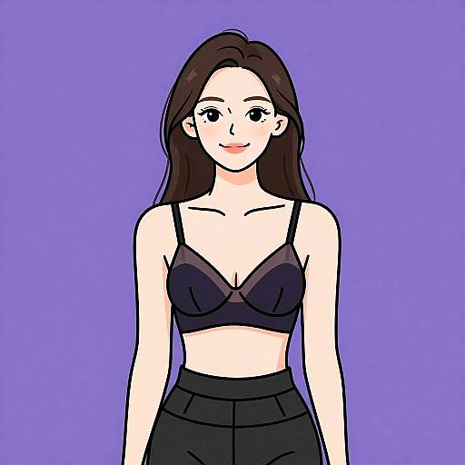 Digital anime-style drawing of a smiling woman with long brown hair, wearing a black bra and high-waisted black pants, against a solid purple background