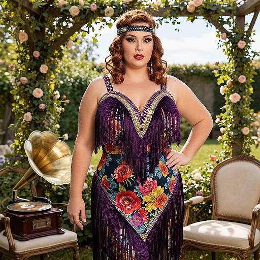 Photograph of a curvy, fair-skinned woman with red curly hair, wearing a fringed, floral-patterned purple dress, vintage headband