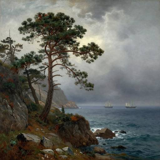 Misty seascape painting: Tall pine trees on rocky cliffs, two sailing ships on choppy waters, cloudy sky, dramatic lighting, realistic style.