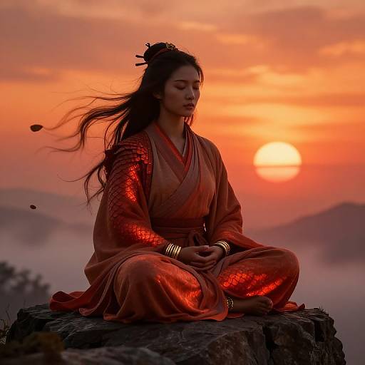 Photograph of a serene Asian woman in a red, shimmering kimono meditating at sunset on a rocky cliff, with mountains and mist in the