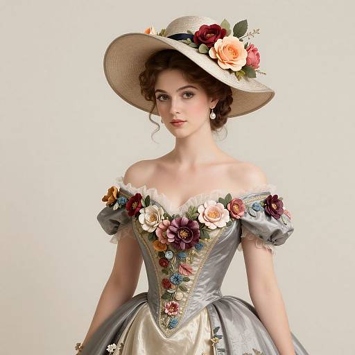 Photograph of a fair-skinned woman with curly brown hair, wearing an off-shoulder, gray satin dress adorned with colorful flowers, and a