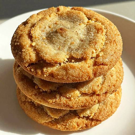 Photograph of a stack of four golden-brown, sugar-coated cookies on a white plate, bathed in bright sunlight.