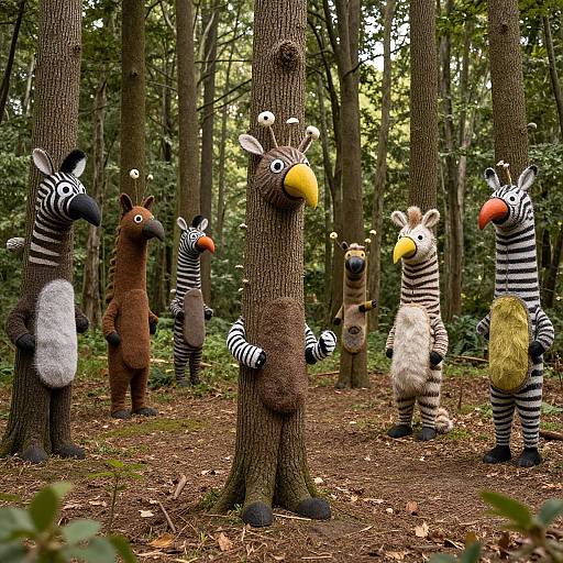 Photograph of whimsical, handcrafted animal puppets with zebra and brown stripes, colorful noses, and fuzzy textures, standing in a forest.