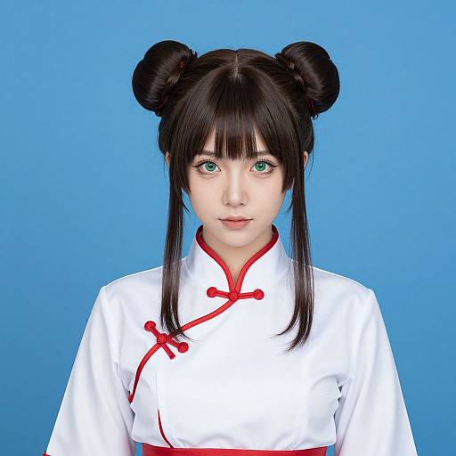 Digital CGI image of an Asian woman with black double buns, green eyes, wearing a white Chinese qipao with red trim, against a blue