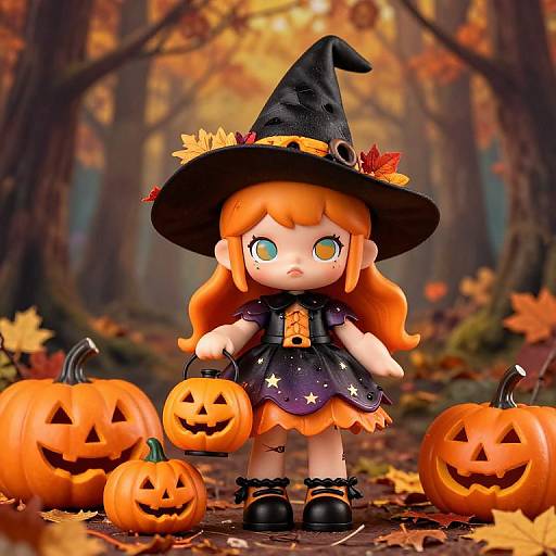 CGI image of a cute, blonde-haired doll in a black witch dress, hat, holding carved pumpkins, standing in a colorful autumn forest.