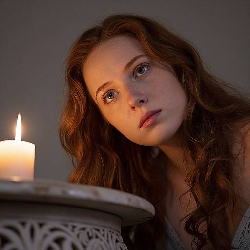 Photograph of a young woman with freckles, long wavy red hair, and blue eyes, gazing at a lit candle in a dim