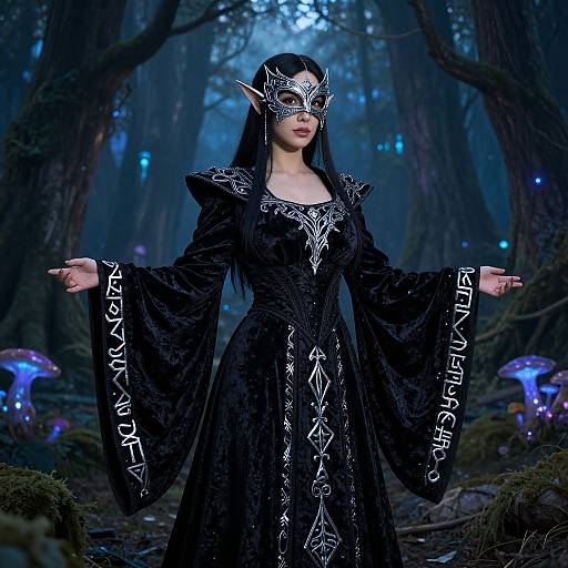 Photograph of an elf-like woman in a black, intricately patterned dress, wearing a silver mask, standing in a mystical, blue-lit