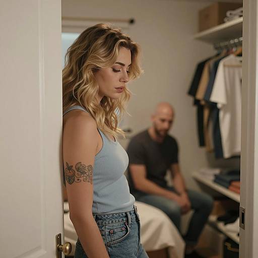 Contemplative Woman by Door Frame Image