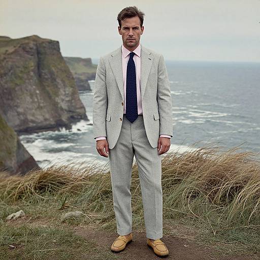 Photograph of a bearded man in light gray suit, pink shirt, black tie, and tan shoes, standing on a cliff with ocean and rocky