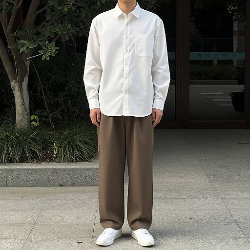 Photograph of a person wearing a white button-down shirt, brown trousers, and white shoes, standing on a city sidewalk with a tree and building in