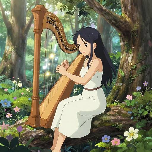 Anime-style digital illustration of a black-haired woman in a white dress playing a wooden harp in a lush, sunlit forest with colorful flowers.