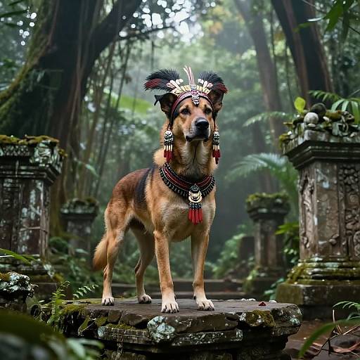Photograph of a German Shepherd wearing a feathered headdress and red bead necklace, standing on moss-covered stone in a lush, ancient forest with tall