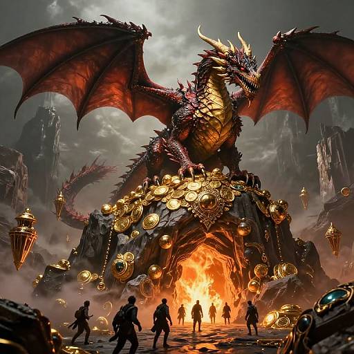Digital fantasy artwork of a large, red and black dragon with glowing horns standing over a fiery entrance, surrounded by silhouetted adventurers and golden orbs