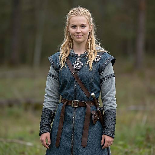 Photograph of a young blonde woman with fair skin, wearing a medieval-style blue and gray tunic, brown belt, and leather gloves, standing in