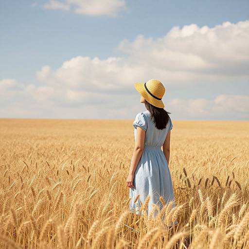 Photograph of a woman in a light blue dress and straw hat standing in a golden wheat field, facing away, under a bright blue sky with scattered