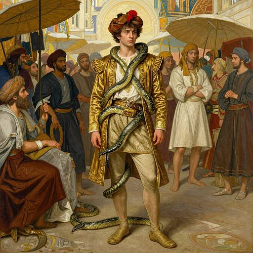 Digital painting of a young man in a gold robe with a snake coiled around him, standing in a crowded ancient Roman street. Bright colors, detailed