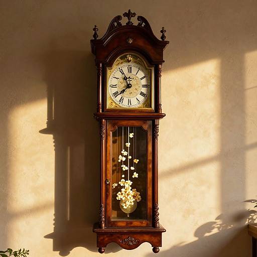 Vintage wooden clock with ornate design, white flowers in glass case, sunlight casting shadows on beige wall. Photographic image.