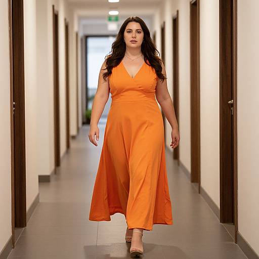 Photograph of a confident woman with long black hair, wearing a sleeveless, V-neck, orange dress, walking down a brightly lit, narrow hallway