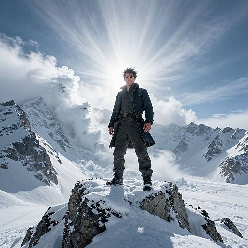 Photograph of a man in a black trench coat standing on a snowy mountain peak, sunlight radiating from behind him, with jagged mountain ranges in