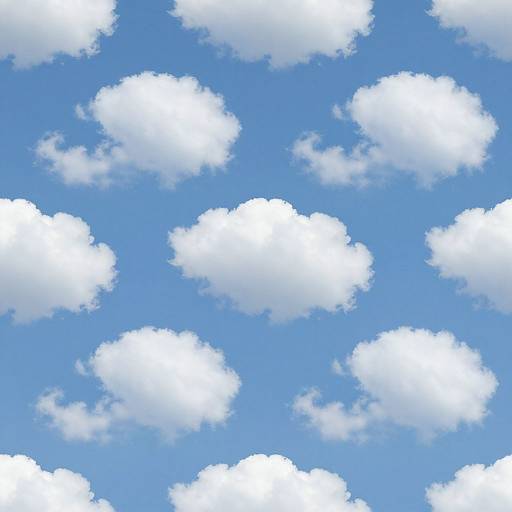 Photograph of a bright blue sky with scattered, fluffy white clouds evenly spaced across the image.