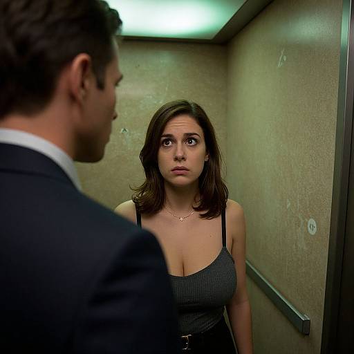 Photograph of a concerned young woman with medium-length brown hair, wearing a gray ribbed tank top, facing a man in a dark suit in a