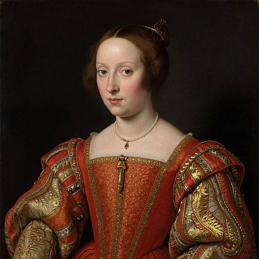 Renaissance portrait of a pale-skinned woman with brown hair, wearing an ornate red and gold dress, pearl necklace, and dark background.