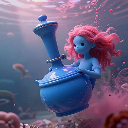 Digital artwork of a blue-skinned, pink-haired mermaid girl underwater, holding a large blue bong with bubbles and colorful fish in the background.
