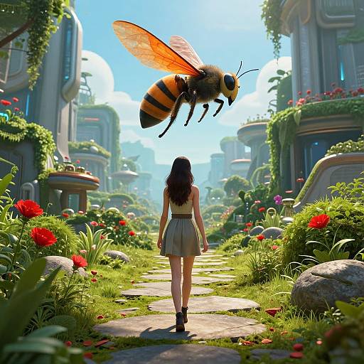 Digital art: Woman in grey dress walks down floral path, giant bee hovers above, futuristic buildings with greenery in background.