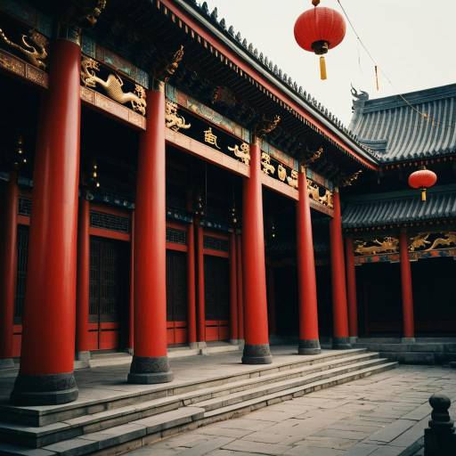 Ancient Oriental Palace with Red Pillars and Golden Dragons