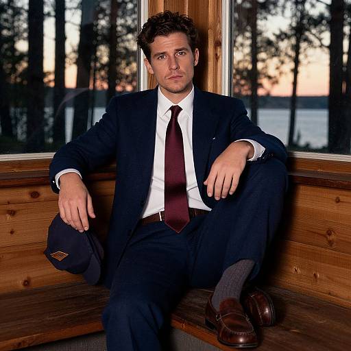 Photograph of a serious-looking man in a dark suit, maroon tie, and white shirt, sitting on a wooden window seat, holding a hat
