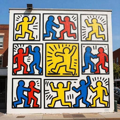 Vibrant mural of nine abstract, colorful human figures in yellow, blue, and red, running energetically in comic-style panels on a white