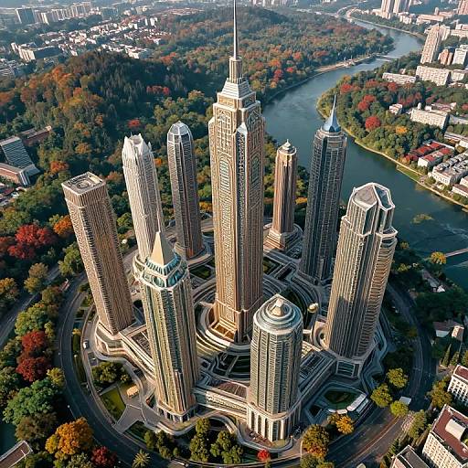 Aerial photograph of six modern skyscrapers with reflective glass exteriors, surrounded by autumnal trees, and a river winding through a cityscape.