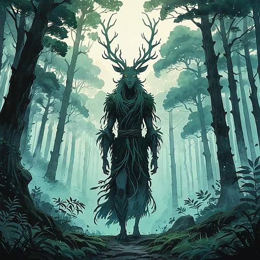 Ethereal Forest Spirit in Misty Ancient Grove