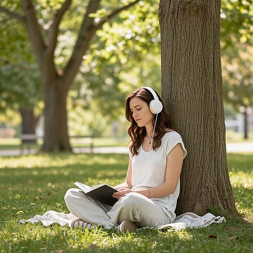 Photograph of a young woman with long brown hair, wearing white headphones and a white outfit, sitting against a tree in a sunlit park, reading