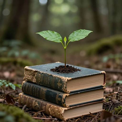 Photograph of a small green plant seedling growing from soil on top of three stacked, old, leather-bound books in a forest.
