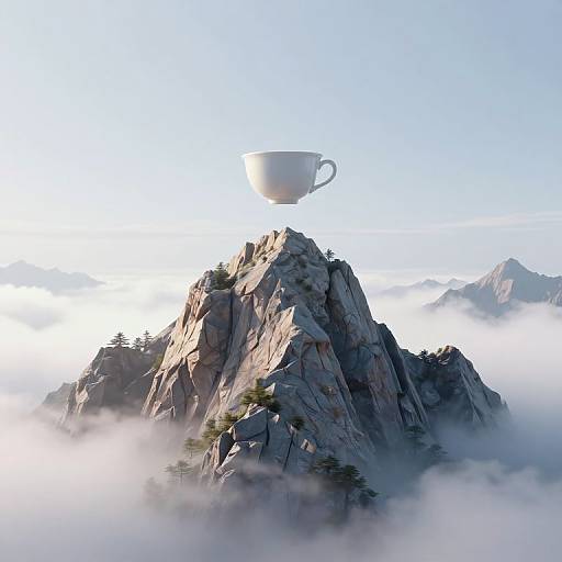 Photorealistic digital art: A white, floating teacup hovers above a rocky mountain peak surrounded by misty clouds and distant peaks under a