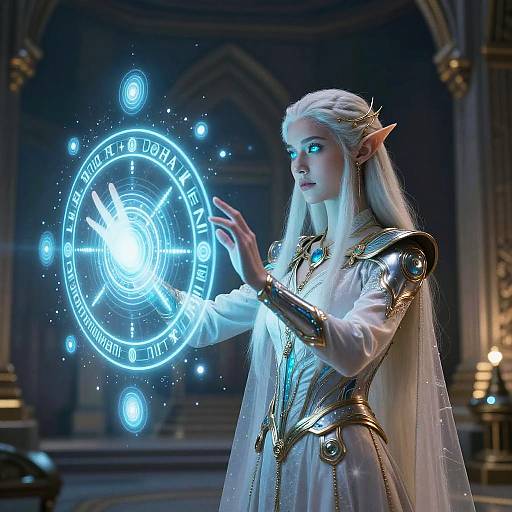 Sci-Fi Elf Mage Casting Holographic Spell