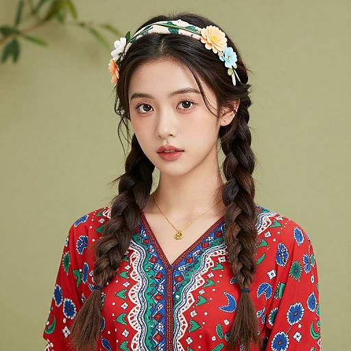 Girl with Braids and Floral Headband