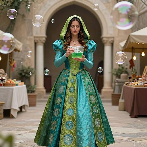 Photograph of a woman in a teal and green Renaissance-style dress with puffed sleeves, holding a glass, surrounded by bubbles, in a medieval courtyard
